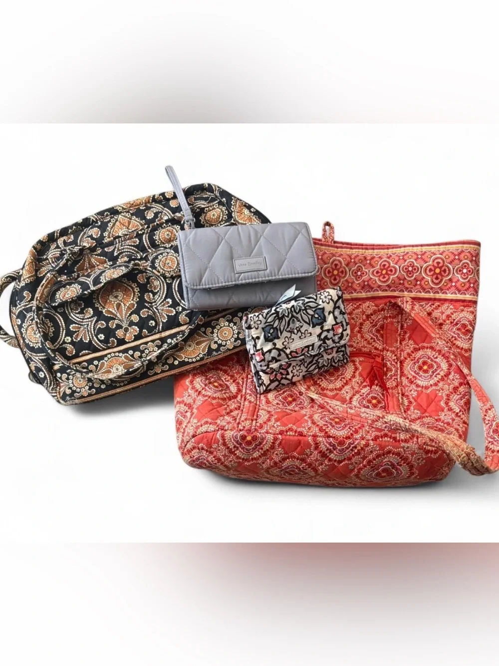 Vera Bradley Quilted Gray Wristlet with Coral and Black Patterned Totes LOT